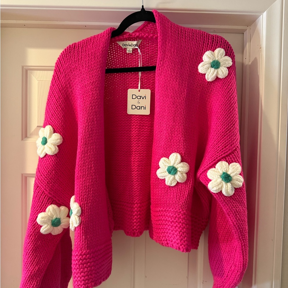 DAVI & DANI Pink Cardigan with White Floral Details